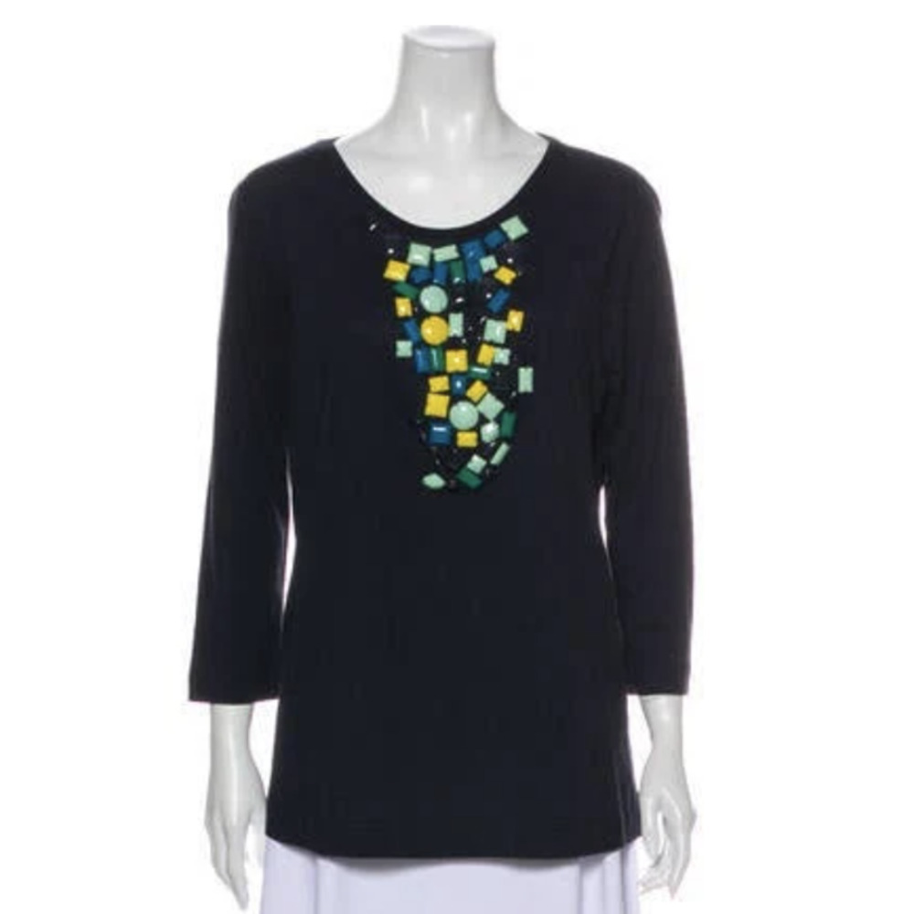 Tory Burch Beaded Scoop Neck Tunic Top XS Embellished 3/4 Sleeve Navy